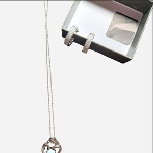 Silver-Tone Heart Pendant Necklace with Matching Hoop Earrings - Women Jewelry